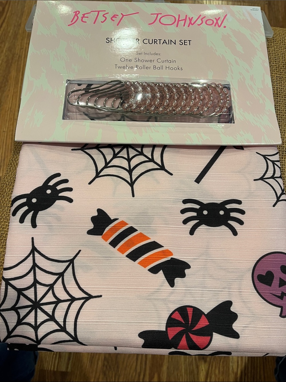 Betsey Johnson Pink Halloween Candy & Spider Shower Curtain Set